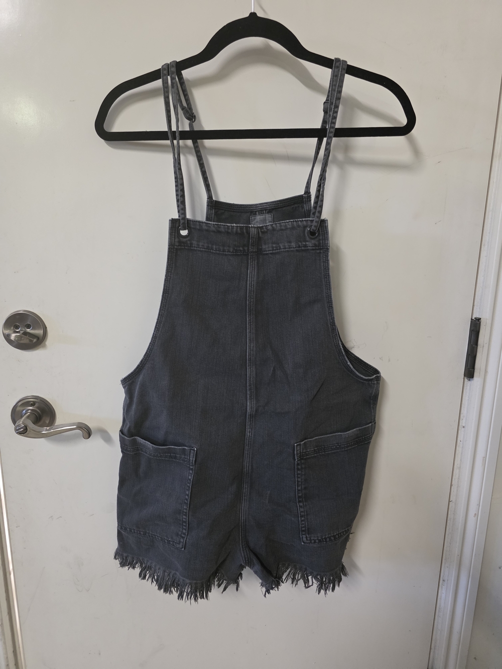 aerie Charcoal Frayed-Hem Denim Overall Shorts